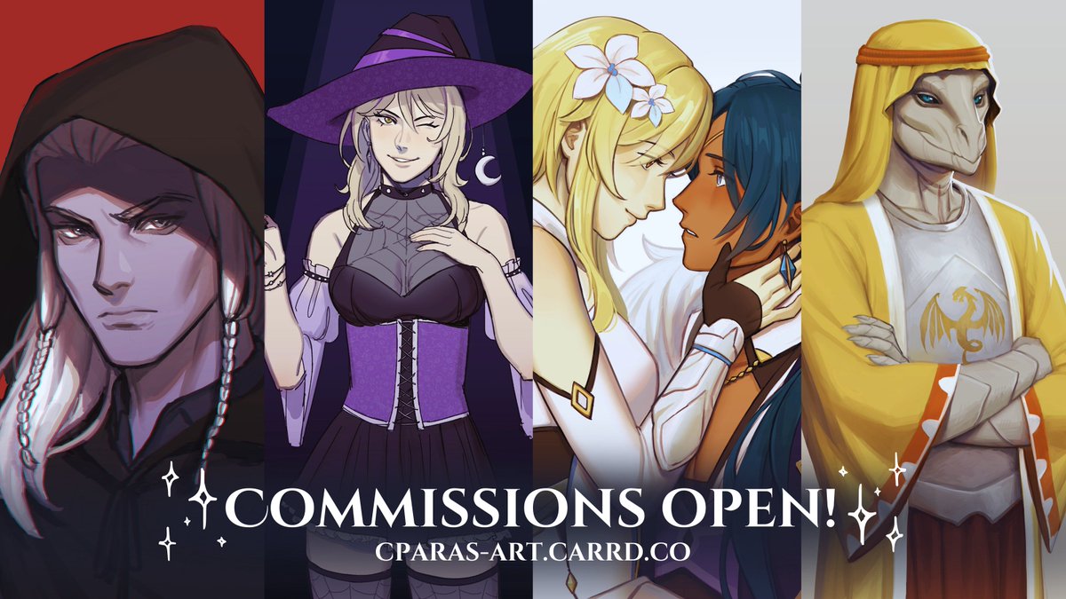 i've opened up comms again, RTs appreciated✨

prices &amp; interest form: cparas-art.carrd.co

thanks for viewing :3