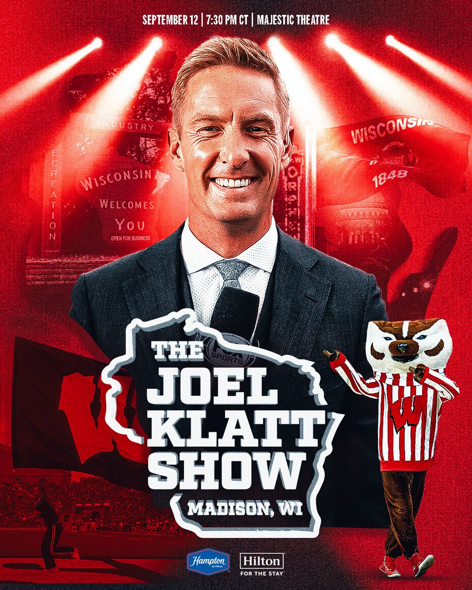 The Joel Klatt Show: A CFB Pod (@joelklattshow) on Twitter photo We're coming to Madison for a special LIVE show brought to you by <a href="/HamptonByHilton/">Hampton by Hilton</a> 🎉🎙️
Get your tickets now to join <a href="/JoelKlatt/">Joel Klatt</a> & special guests on Thursday, September 12th at the Majestic theatre ahead of <a href="/BadgerFootball/">Wisconsin Football</a>'s matchup with Alabama ➡️ eventbrite.com/e/995516967047… We're coming to Madison for a special LIVE show brought to you by <a href="/HamptonByHilton/">Hampton by Hilton</a> 🎉🎙️
Get your tickets now to join <a href="/JoelKlatt/">Joel Klatt</a> & special guests on Thursday, September 12th at the Majestic theatre ahead of <a href="/BadgerFootball/">Wisconsin Football</a>'s matchup with Alabama ➡️ eventbrite.com/e/995516967047…