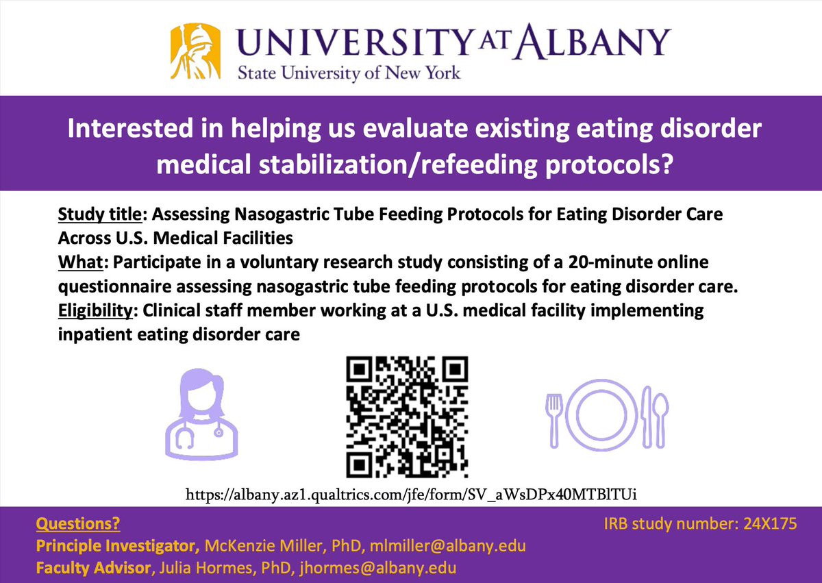 Call for participants! 

Looking for professionals who work with #eatingdisorders at inpatient LOC. We are interested in your programs treatment protocol and NG tube use! 

Link below - thank you!! albany.az1.qualtrics.com/jfe/form/SV_aW…