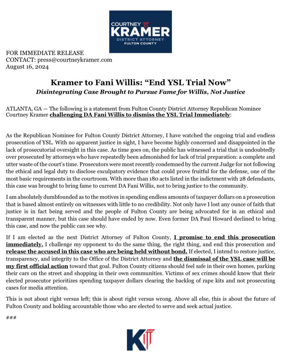 KramerForGA's tweet photo. Official Statement regarding the YSL trial in Fulton County: I challenge and urge DA Willis to dismiss this case immediately. Read why below ⬇️ #FireFani https://t.co/0xoxjdBse6