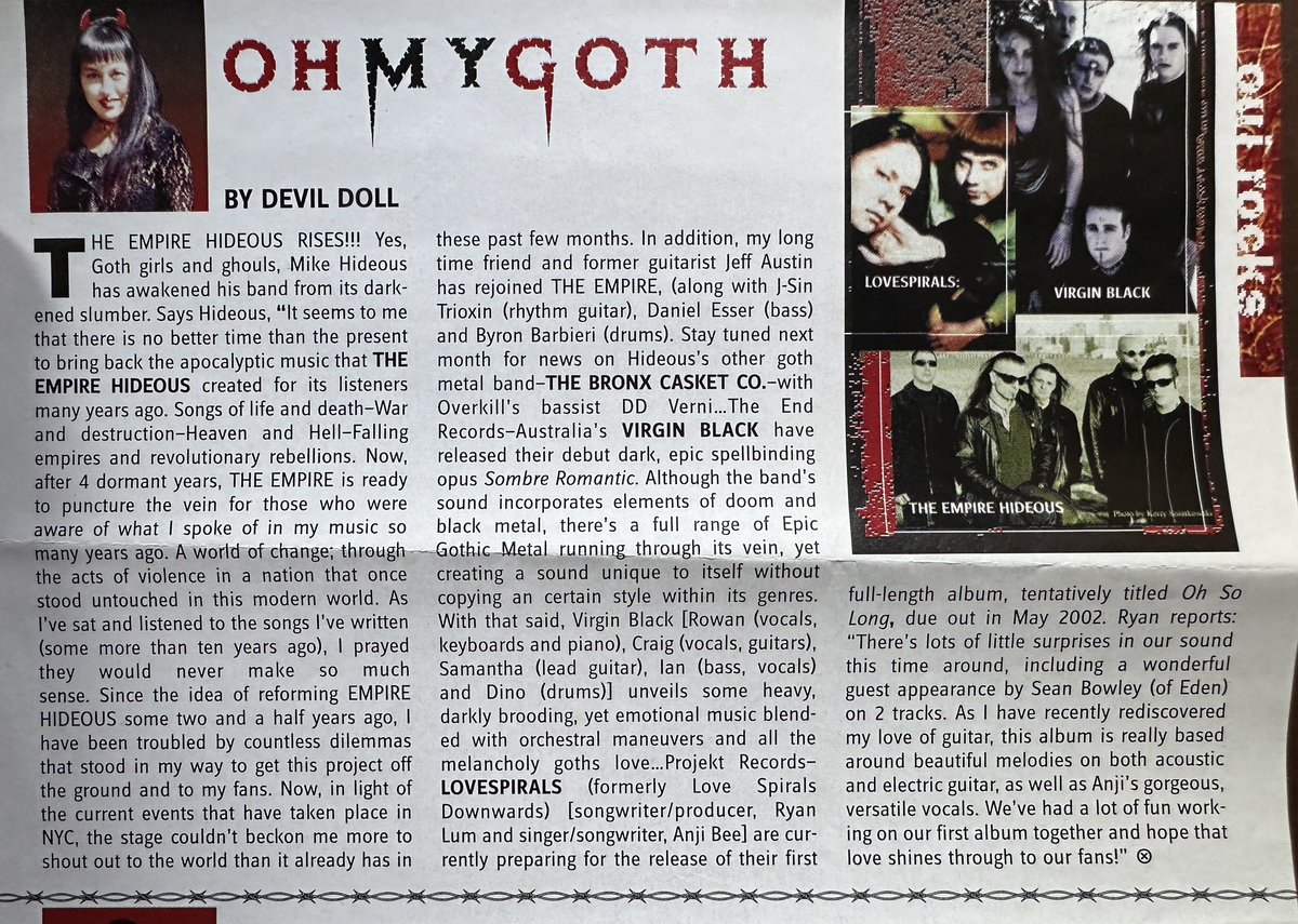 ℓσνєѕριяαℓѕ (@lovespirals) on Twitter photo Flashback to the time we were written up in #OuiMag’s Oh My Goth column by Devil Doll alongside The Empire Hideous and Virgin Black. Flashback to the time we were written up in #OuiMag’s Oh My Goth column by Devil Doll alongside The Empire Hideous and Virgin Black.
