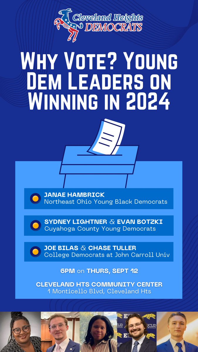ClevHtsDems's tweet photo. Join us at 6pm on Thursday, September 12th for a panel discussion with young Democratic leaders! https://t.co/U707waVq4f