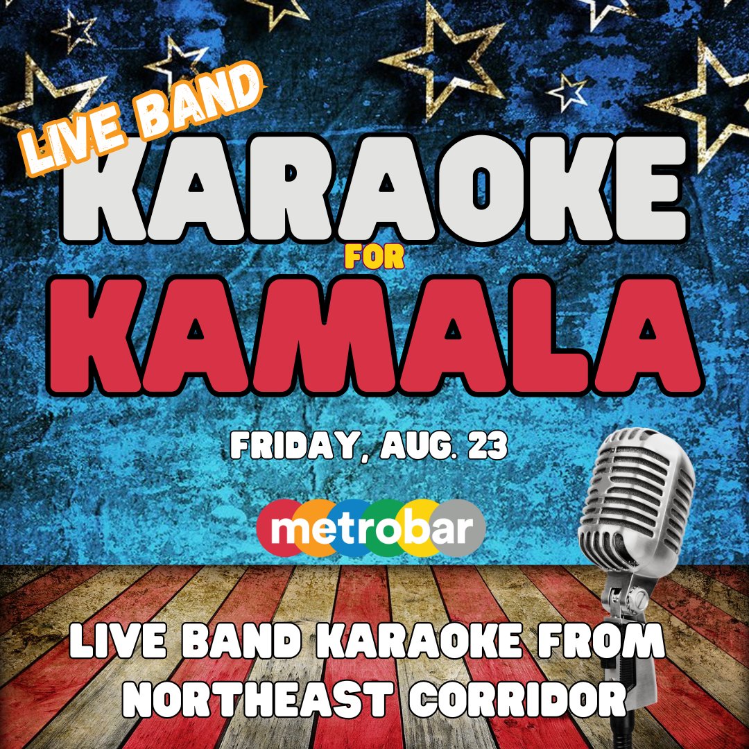 Just one week from today, you can support <a href="/KamalaHarris/">Kamala Harris</a> for President with a live band "Karaoke for Kamala" fundraiser at <a href="/metrobardc/">metrobar</a> (named #DC's Best Bar and Best Outdoor Bar in the <a href="/wcp/">Washington City Paper</a>). RSVP (see donate link inside): eventbrite.com/e/956405152557… @KamalaHQ <a href="/TheDemocrats/">Democrats</a> <a href="/cpsaDC/">Congressional Progressive Staff Association</a>