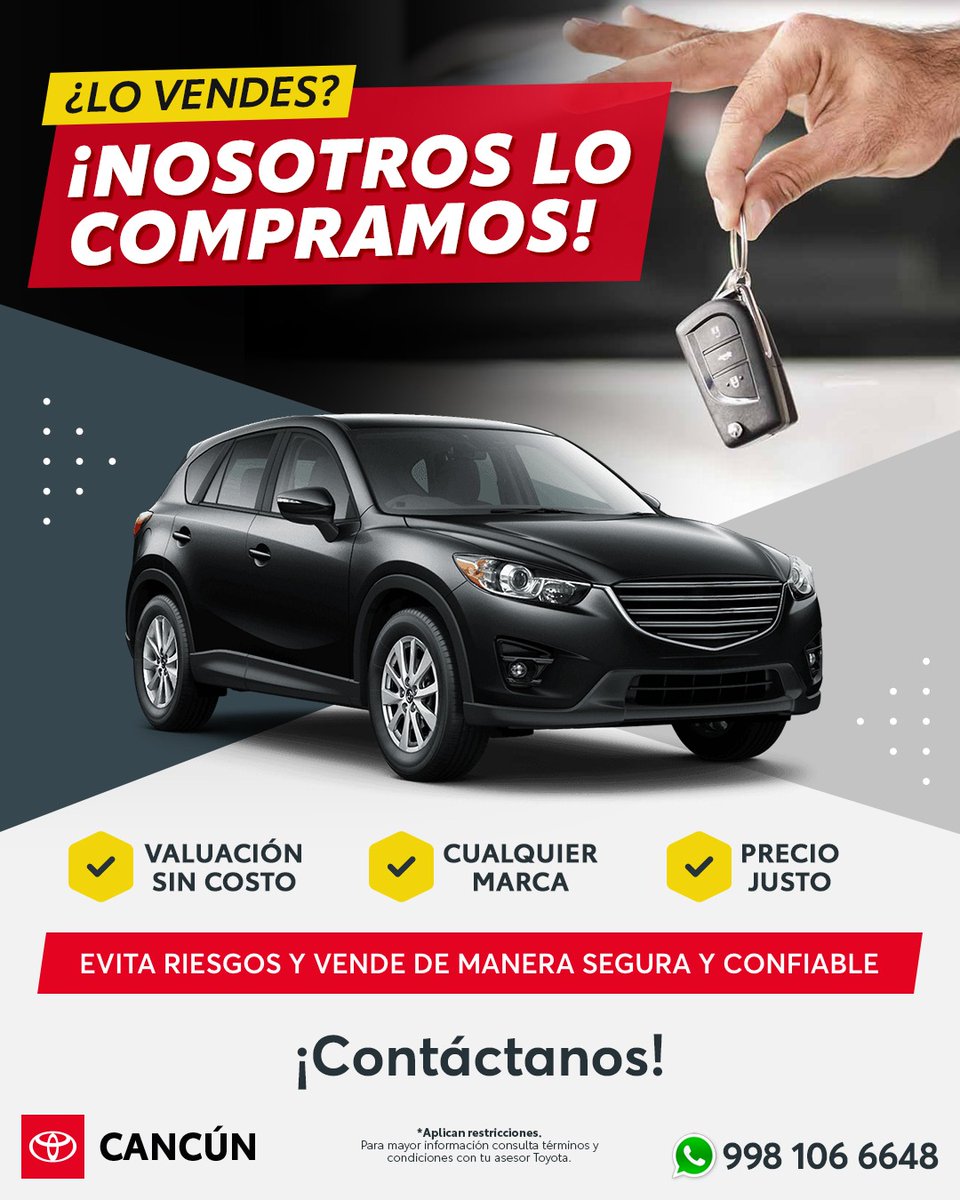 EspacioNoticias's tweet photo. 🚗 ¿Vendes tu auto?
¡Toyota lo compra! 🤑
Valuación sin costo, cualquier marca y un precio justo.
Evita riesgos y vende con seguridad.
¡Contáctanos hoy!
#ToyotaCancun #Toyota #CompraSegura #VendeTuAuto https://t.co/wszLjXKk1a