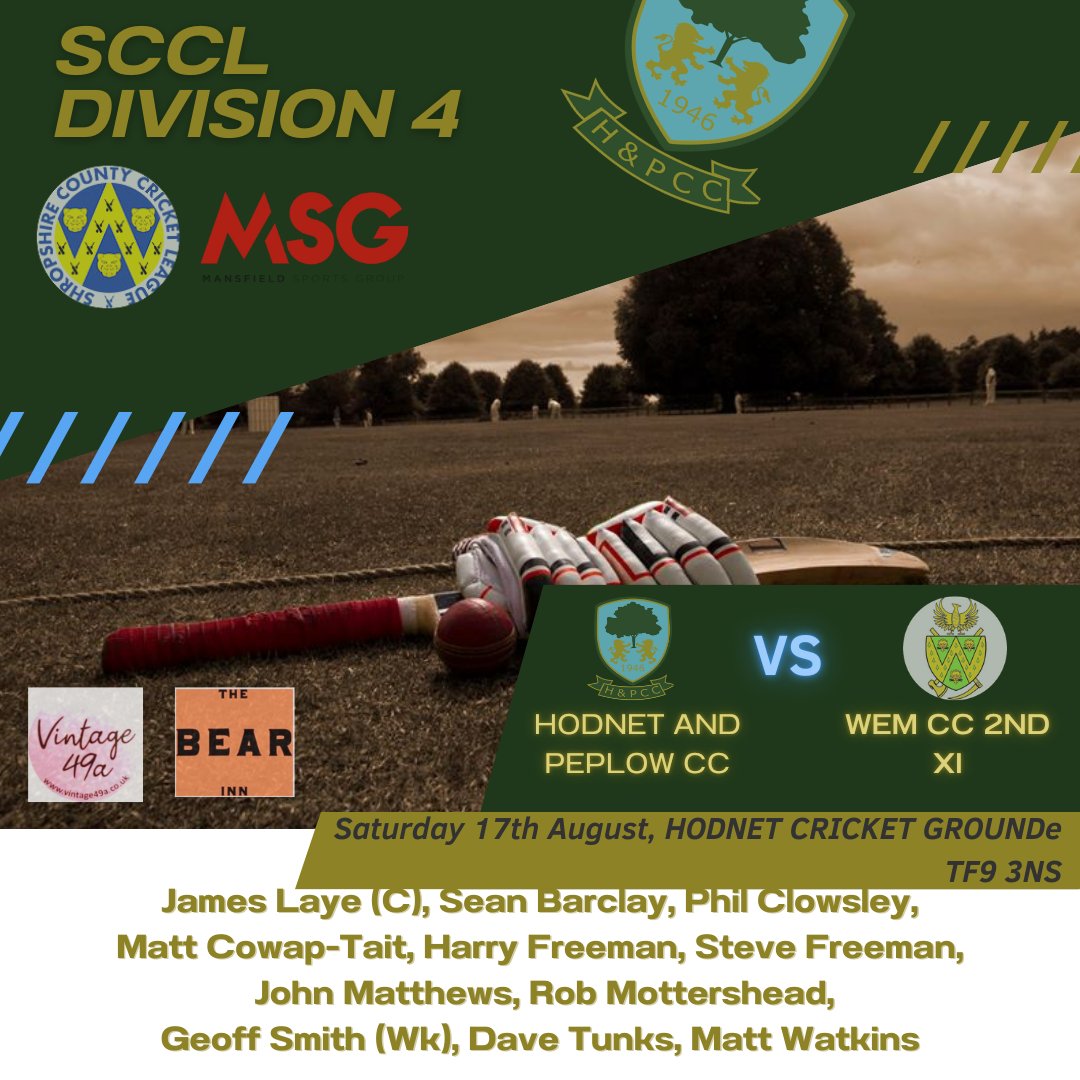 Hodnet and Peplow Cricket Club (@hodnetpeplowcc) on Twitter photo After a fantastic 9 wicket win at Harpers, we go again tomorrow at home vs Wem 2nds in <a href="/mansfieldsportg/">Mansfield Sports Group</a> <a href="/ShropCCLeague/">ShropshireCCLeague</a> Div4. Anyone attending the "Village Extravaganza" at the social club is more than welcome to pop over. Here is our XI taking to the field for a 1pm start time. After a fantastic 9 wicket win at Harpers, we go again tomorrow at home vs Wem 2nds in <a href="/mansfieldsportg/">Mansfield Sports Group</a> <a href="/ShropCCLeague/">ShropshireCCLeague</a> Div4. Anyone attending the "Village Extravaganza" at the social club is more than welcome to pop over. Here is our XI taking to the field for a 1pm start time.