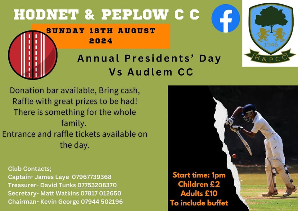 Hodnet and Peplow Cricket Club (@hodnetpeplowcc) on Twitter photo and Sunday sees our annual President's Day friendly vs <a href="/AudlemCC/">Audlem Cricket Club</a> , family entertainment (inc. an Allstars/Dynamos exhibition game) and prize raffle. All starts at 1pm <a href="/CricketShrops/">Cricket Shropshire</a> <a href="/CowCornerPod/">Cow Corner Podcast ™</a> <a href="/ShropCCLeague/">ShropshireCCLeague</a> #Allstars #Dynamos #Family #Cricket #Hodnet and Sunday sees our annual President's Day friendly vs <a href="/AudlemCC/">Audlem Cricket Club</a> , family entertainment (inc. an Allstars/Dynamos exhibition game) and prize raffle. All starts at 1pm <a href="/CricketShrops/">Cricket Shropshire</a> <a href="/CowCornerPod/">Cow Corner Podcast ™</a> <a href="/ShropCCLeague/">ShropshireCCLeague</a> #Allstars #Dynamos #Family #Cricket #Hodnet