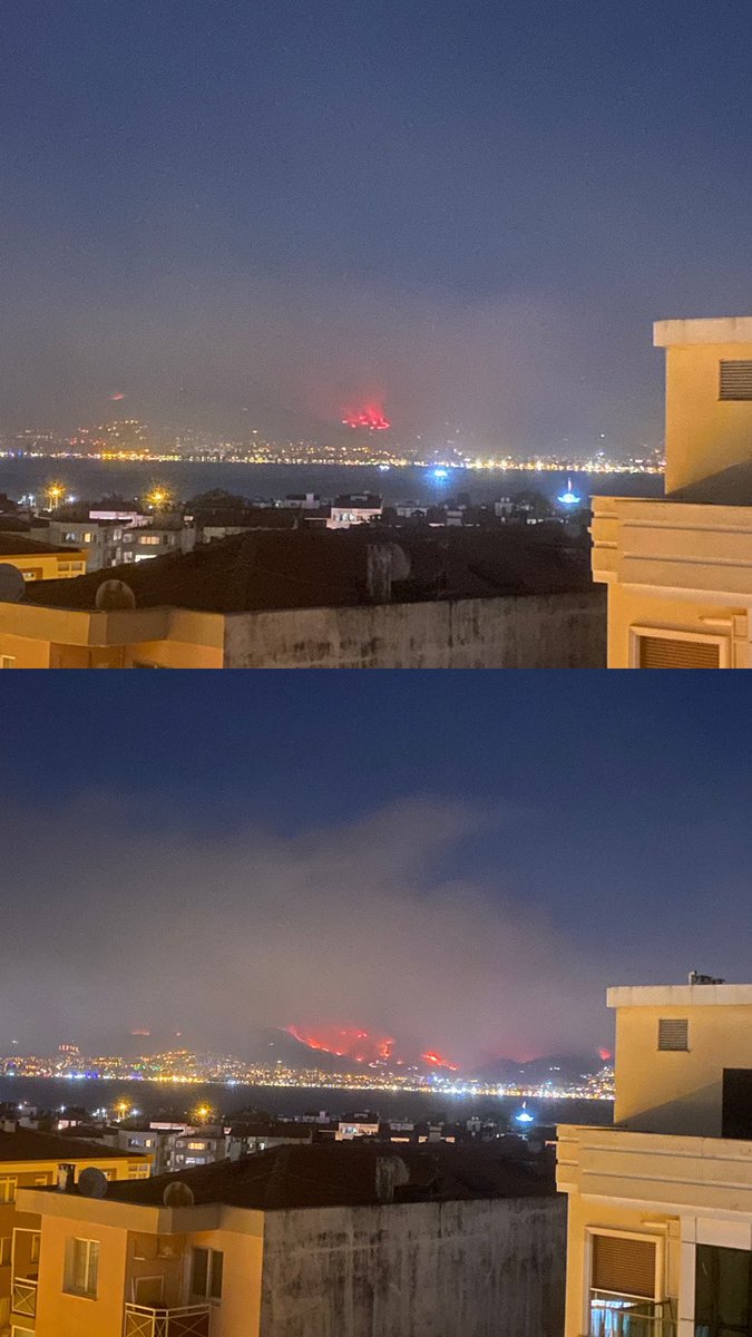 #izmiryanıyor sadece yarım saat sonra yangın bu hale geldi, kaderimize terk edildik! Ateşin hemen yanında evlerin ışıkları yanıyor birazdan hepsi sönecek. Muhattabımız kim, bize kim yardım edecek?