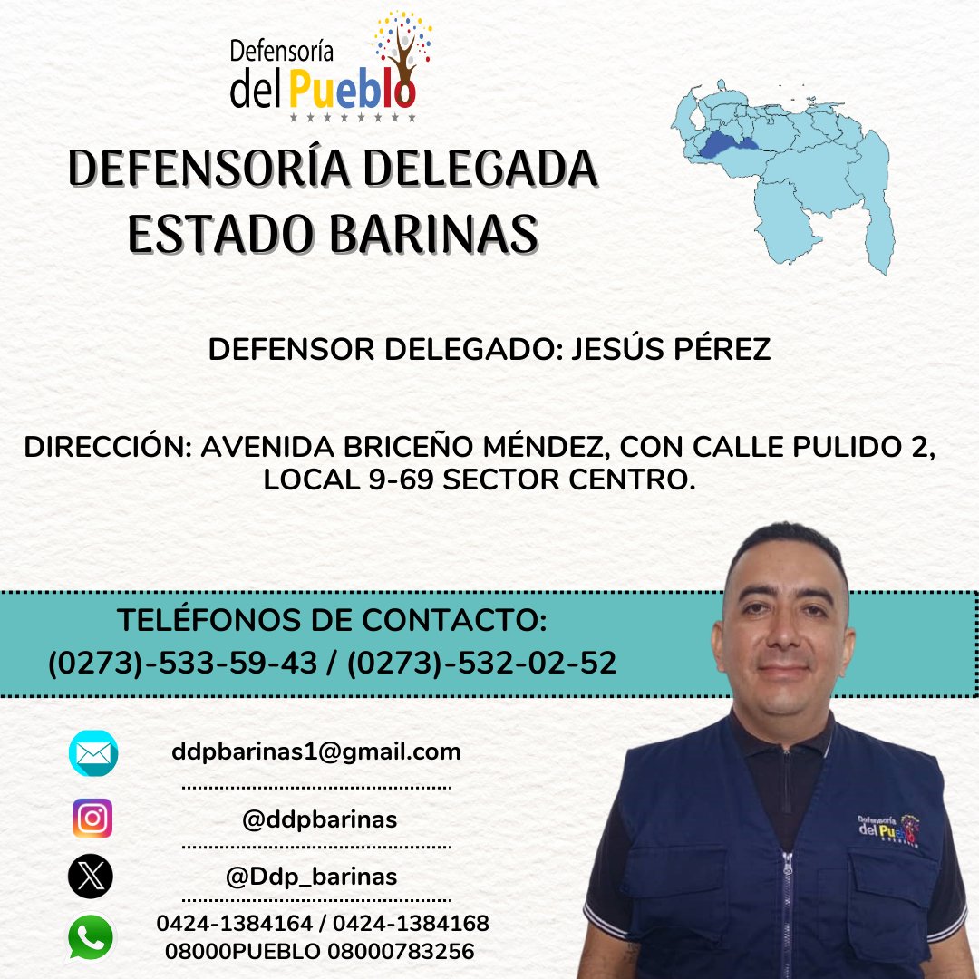 La <a href="/Defensoria_Vzla/">Defensor del Pueblo</a> te invita a conocer a nuestros defensores y defensoras delegadas de cada estado del país, quienes están prestos a atender y orientar a la población en materia de presunta vulneración de sus derechos humanos. <a href="/Ddp_Barinas/">Defensoría Barinas</a>