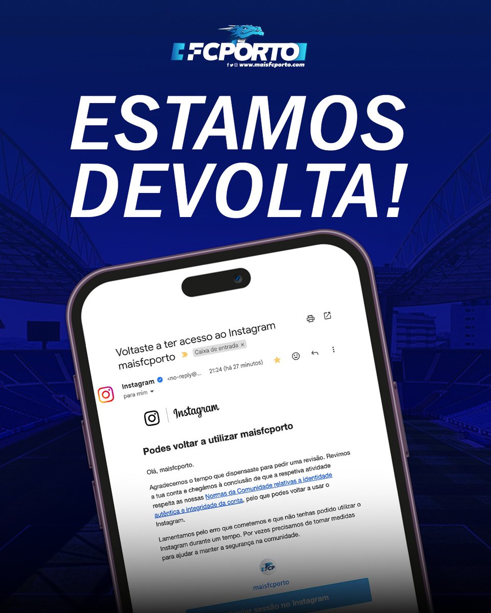 Estamos oficialmente de VOLTA! 🤩

Ainda nem conseguimos acreditar!!! Foi um longo mês de luta para recuperar o nosso perfil mas finalmente conseguimos. Queremos, antes de mais, agradecer a todos pelo apoio destacando, em particular, o Clube e todos os +Portistas e páginas que