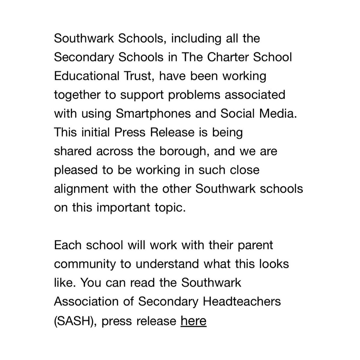 Press Release: Southwark secondary Headteachers align mobile phone policies to address problems associated with smartphones and Social Media

mailchi.mp/256df595a36d/t…