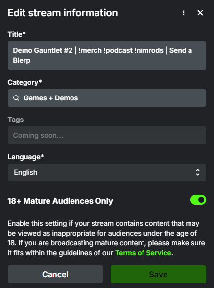 baronofplaid's tweet photo. Seriously, @kick, was I reported for using the word "Gauntlet" in my title so the category was "corrected?" This is just silly. Now I gotta come up with a whole new title for my demo days cuz somebody or an AI doesn't know common phrases. https://t.co/tPTUP2tgtA