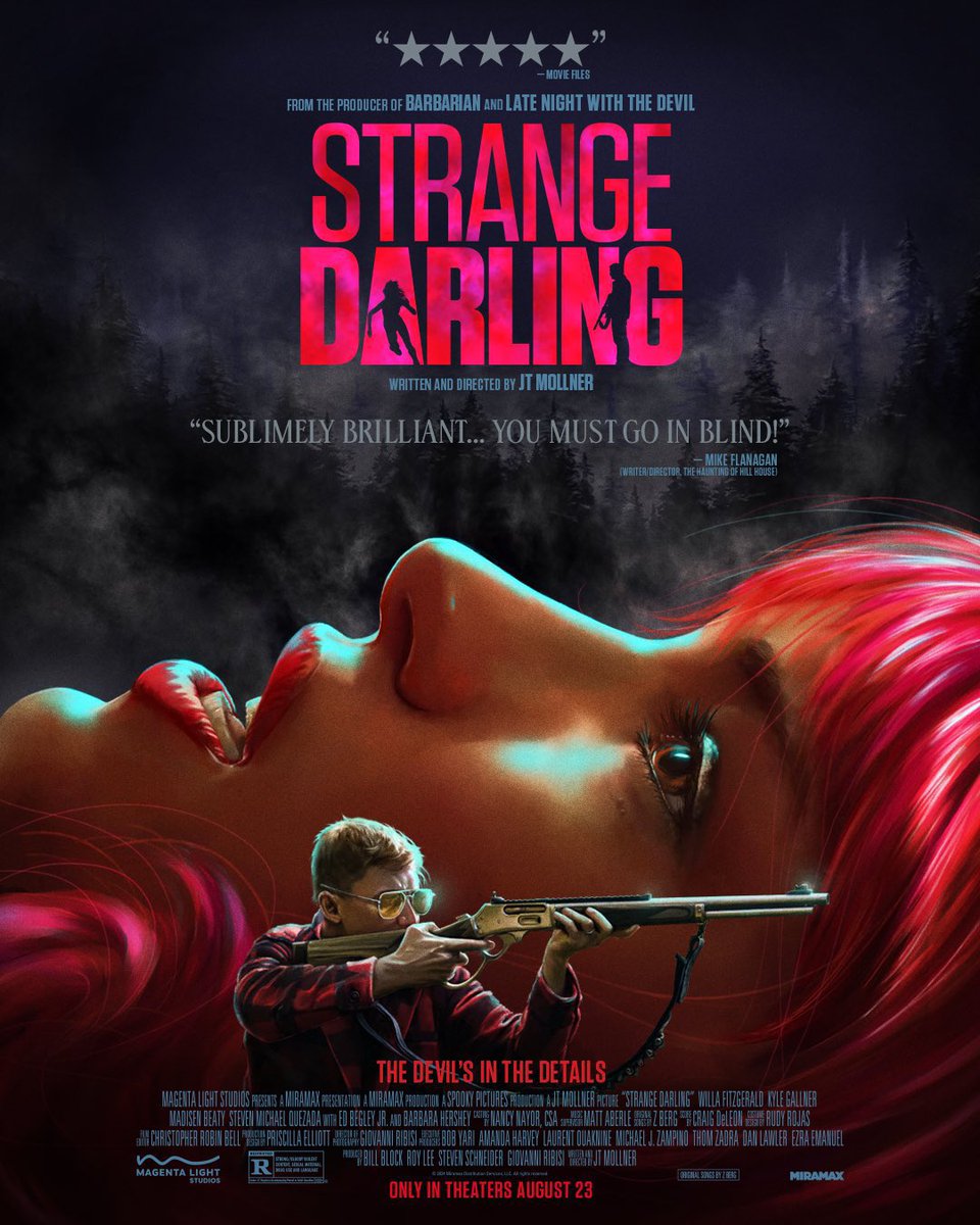 FilmUpdates's tweet photo. JT Mollner’s ‘STRANGE DARLING’ starring Willa Fitzgerald and Kyle Gallner is fresh on Rotten Tomatoes with 100%.

Nothing is what it seems when a twisted one-night stand spirals into a serial killer's vicious murder spree.

In theaters next Friday, August 23. https://t.co/RVJEQaSKOm