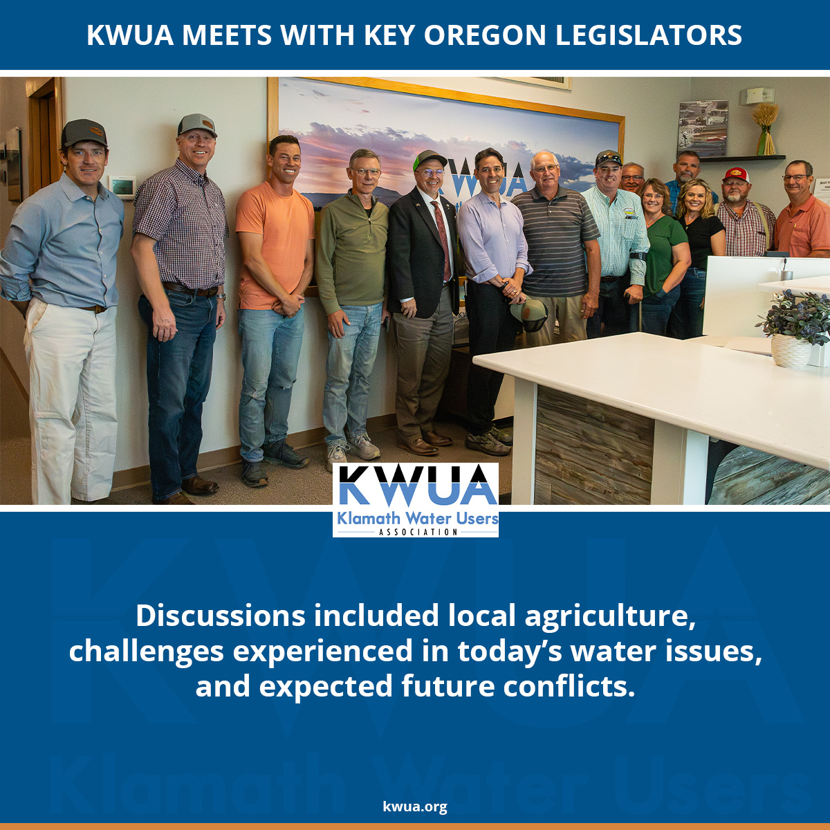 Today, KWUA members and executive staff met with Oregon Legislators to discuss key water issues in the Klamath Basin, including the needs of local agriculture, challenges experienced in today’s water issues, and expected future conflicts.

kwua.org/kwua-meets-wit…