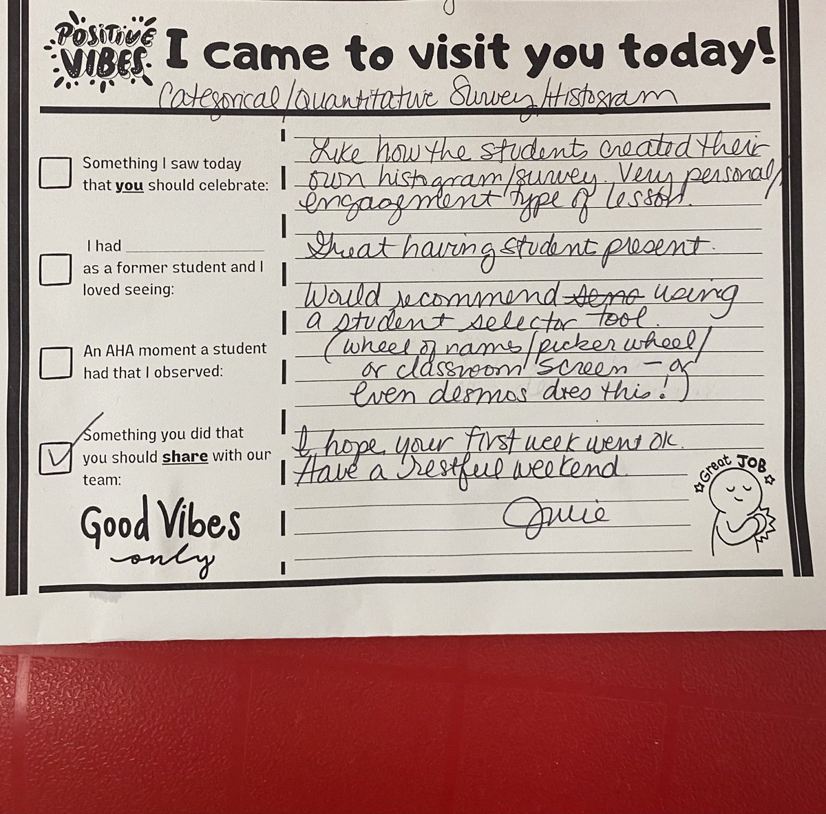 BurnsideMath's tweet photo. Though I am in no way an admin or appraiser (or want to be), I am trying to observe my math dept members some this yesr to see the good stuff happening in our dept and be a resource to strengthen their lessons even more. Liking this feedback form. #bhsmathdept https://t.co/WlqdDNAgL9