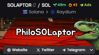 PhiloSOLaptor's tweet photo. 🚀 We're Climbing!
#PhiloSOLaptor is now #3 on DEXScreener! 🦖
Plus, our ads have officially launched,catch them in action!
👏 Thanks to everyone pushing us up! Let’s not stop here,keep the engagement high and let's aim for #1!
#CryptoBuzz #Solana #AdLaunch https://t.co/gor7KjfQVG