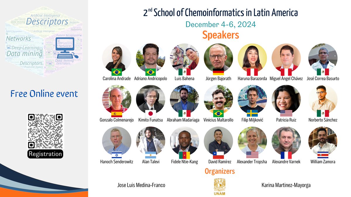 You are invited to the 2nd School of Chemoinformatics in Latin America. Held online from December 4-6, 2024

Preliminary program 👉  schoolchilatina.com
 
The registration is open and free: 👉 schoolchilatina.com/registration/
#chemoinformatics #LatinAmerica #school #openscience