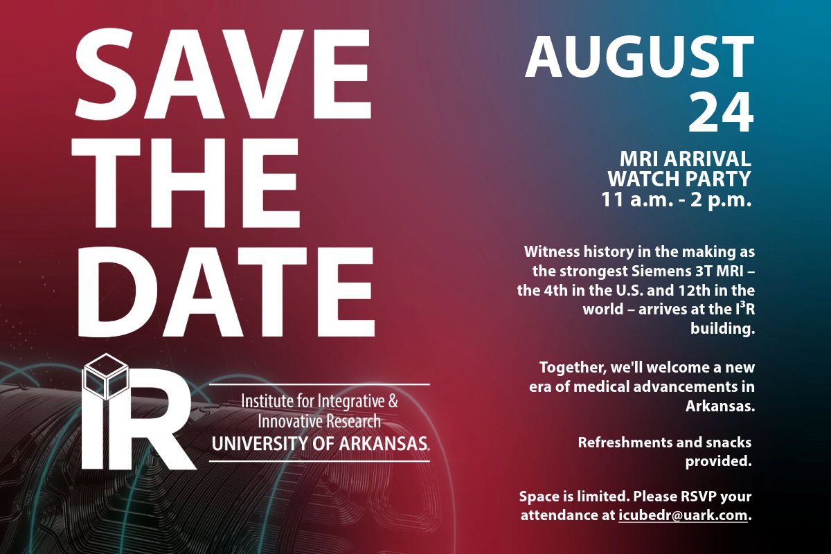 The strongest Siemens 3T MRI arrives at the Institute for Integrative &amp; Innovative Research (I³R) building next week.

Join us for the arrival watch party with details at the link here: ➡️ bit.ly/3ywo5sK 

#SolvingWickedProblems #Innovation #UArk #NWA