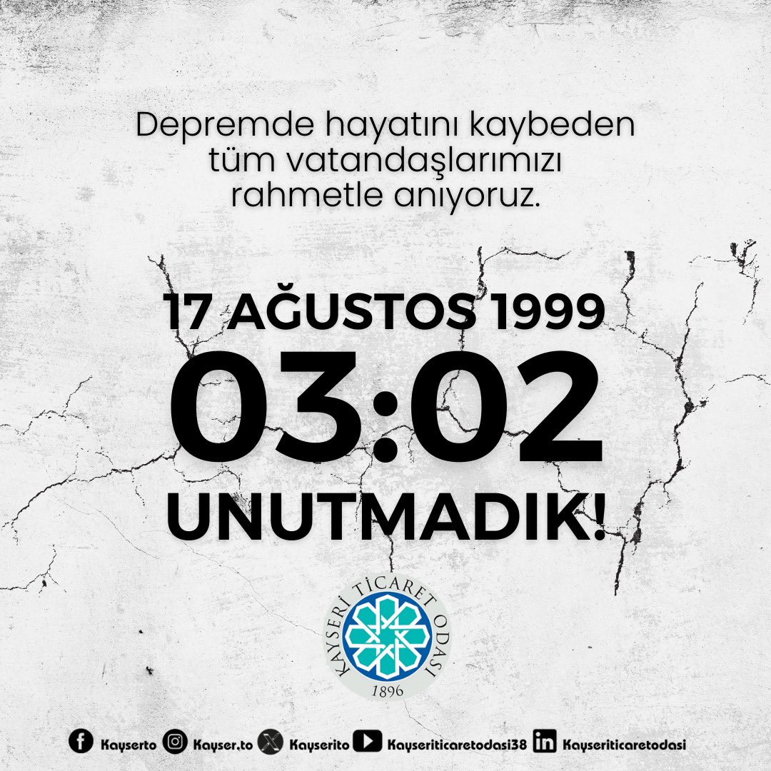 Kayserito's tweet photo. 17 Ağustos 1999’da yaşanan Marmara Depremi’nde kaybettiğimiz canları anıyor ve acılarını hala yüreğimizde hissediyoruz. 

Bu büyük felakette, hayatını kaybeden vatandaşlarımızı rahmetle anıyor; yakınlarını kaybeden tüm ailelere sabır diliyoruz.

#marmaradepremi 
#17ağustos1999 https://t.co/Q1zdfwKQJR