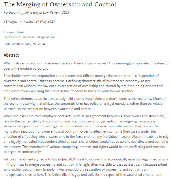 Stein_Tomer's tweet photo. Excited that my Article, The Merging of Ownership and Control, has been accepted for publication by the Georgia Law Review @GaLRev! The Article presents my theory of directors as residual obligors and addresses the recent amendments concerning shareholder agreements. https://t.co/mL8VrsKJ49