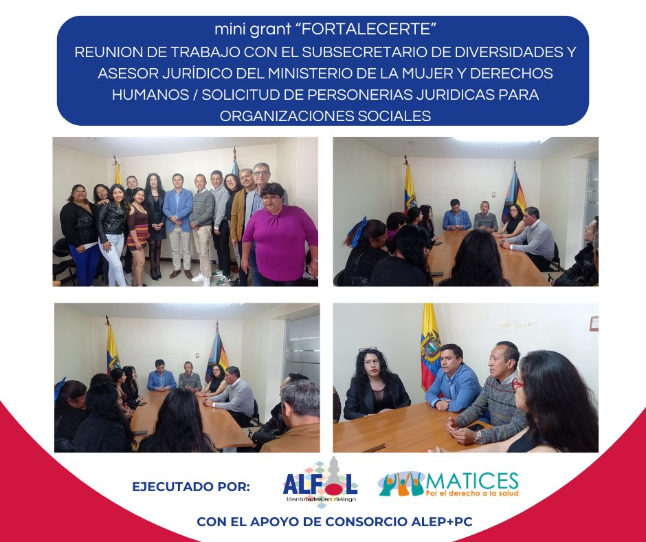 #NoticiasalMomento
#AsociacionALFIL #SomosRedLacTrans <a href="/Maticesecu/">Fundación Matices</a> con apoyo <a href="/CEPVVS_1923/">Fundación CEPVVS</a>, #minigrant "FORTALECERTE" acompañó a 7 ONGs de PC y PVV solicitud personería jurídica y reunión con autoridades del <a href="/DDHH_Ec/">Viceministerio de la Mujer y Derechos Humanos</a>
#DerechosHumanos #DiversidadSexual en #Ecuador
#minigrantsalepypc