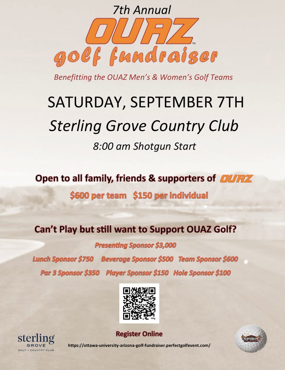 The 7th Annual OUAZ Golf Fundraiser benefiting our golf program will be held at Sterling Grove Golf and Country Club on Saturday September 7th, starting at 8:00 am. For addition information contact brady.barrett@ottawa.edu.