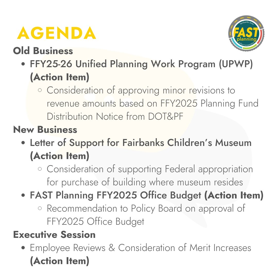 Wednesday, our Policy Board will meet at their regularly scheduled time from 12 to 2 PM on the third Wednesday of the month! Join this meeting virtually or in-person at 100 Cushman Street, Suite 215. You can find the packet with materials here: fastplanning.us/meetings/pb/pa…