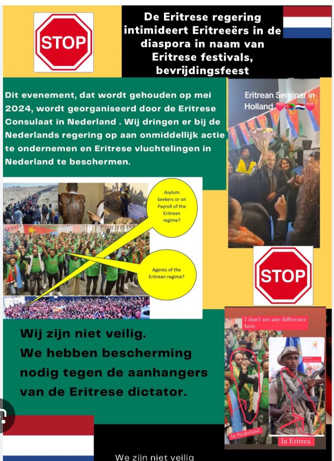 Leila68488345's tweet photo. Is de minister @MinisterAenM op de hoogte dat het #asielbeleid wordt misbruikt door aanhangers van het dictatoriale regime van #Eritrea?@MinBZ @geertwilderspvv @IND_NL https://t.co/Syk7uSj5or
