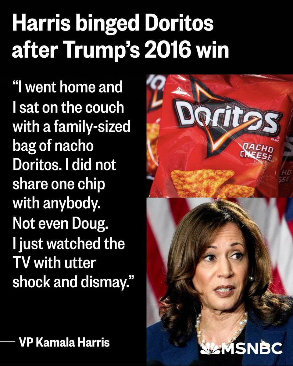 MSNOWNews's tweet photo. In a new fundraising email, VP Kamala Harris revealed that she ate “a family-sized bag of nacho Doritos” the night of the 2016 election. https://t.co/HI1HgRtDz2