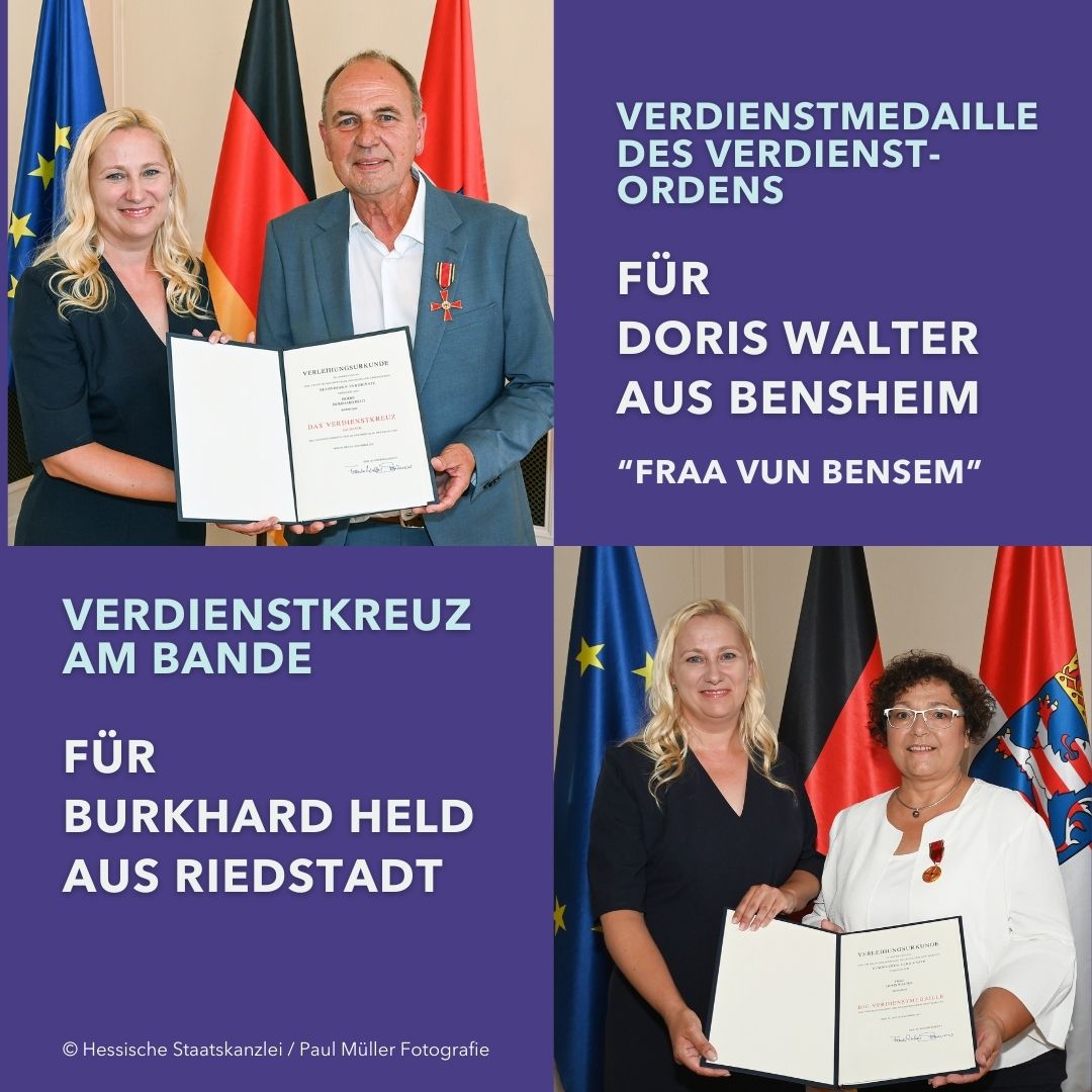 Für ihr jahrzehntelanges Engagement wurde die "Fraa vun Bensem" Doris Walter aus Bensheim mit der Verdienstmedaille des Verdienstordens der BRD und Burkhard Held aus Riedstadt mit der Verdienstmedaille des Verdienstordens der BRD ausgezeichnet.