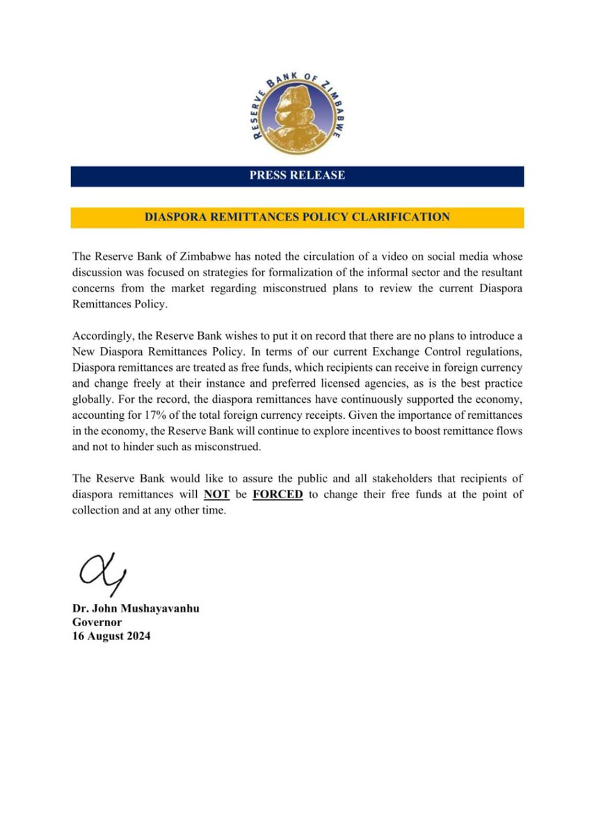 Recipients of Diaspora Remittances will NOT be FORCED to change their free funds at the point of collection. RBZ issued a  statement denying it will force recipients to receive their money through the banking system or in ZiG.  #ezratshisa4life