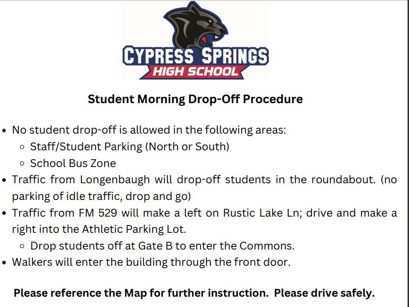 CySpringsHS's tweet photo. We are excited to have your scholars return to school on Monday!  Here is some information about dropping off in the morning.  Also, info on bus transportation. https://t.co/O72SgHksP2