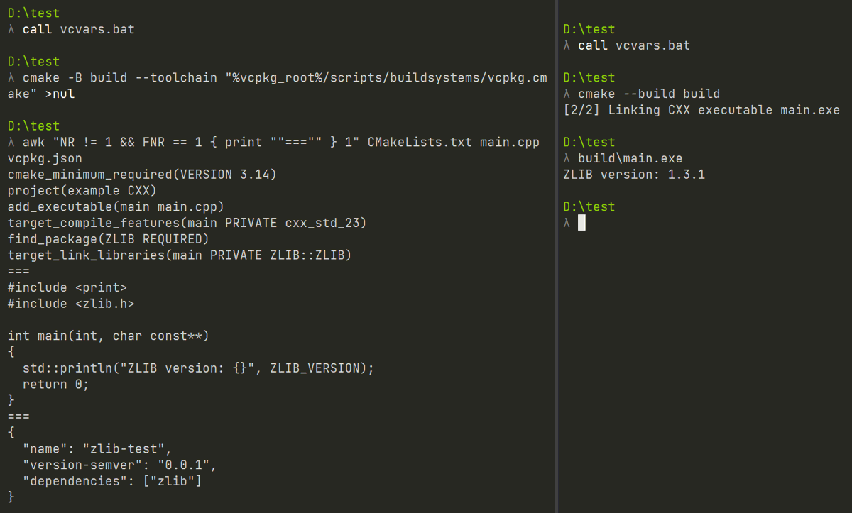 cmake_aid's tweet photo. @sevenc_nanashi I heavily recommend using a package manager such as Conan (https://t.co/L5C3YLPXr9) and vcpkg (https://t.co/d2zKMJOXeu) with your CMake projects. I put this quick example together in a couple minutes easily using vcpkg: https://t.co/kJU2nCsGTL