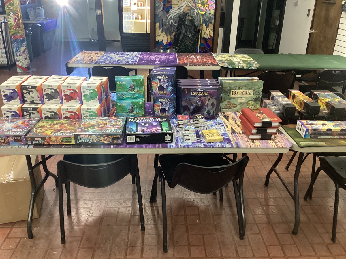 New product that just came in today. Sidekick Pro, Marvel United, Root and Bedlam in Neverwinter, Bloomburrow and Illumineers Trove, Quest, and Lorcana Sleeves, DND Premium Campaign Journal, Magic the Gathering play mats and universus Godzilla play mat
