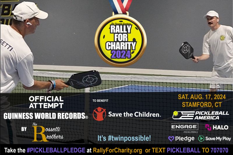 Only 12 hrs to go! On Aug. 17 my identical twin bro <a href="/AngeloARossetti/">Angelo A. Rossetti</a> &amp; I will attempt to set a #twinpossible <a href="/GWR/">Guinness World Records</a> title for the "Longest #pickleballvolley rally" as a part of <a href="/rallyforcharity/">Rally for Charity</a> to benefit <a href="/SavetheChildren/">Save the Children US</a>. Take the #pickleballpledge @ rallyforcharity.org/donate 🏓🏅🌎