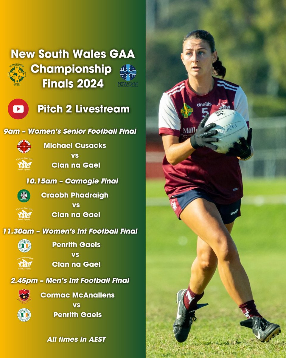 Australasia Gaelic Games (@gfhaaustralasia) on Twitter photo 💻 #LIVESTREAM | Join us live tomorrow, Sunday 18 August, from Ingleburn for the 2024 <a href="/NSWGAA/">New South Wales GAA</a> championship finals.
We're running two livestreams – one from pitch 1 and one from pitch 2 – on the Australasia Gaelic Games YouTube channel. 💻 #LIVESTREAM | Join us live tomorrow, Sunday 18 August, from Ingleburn for the 2024 <a href="/NSWGAA/">New South Wales GAA</a> championship finals.
We're running two livestreams – one from pitch 1 and one from pitch 2 – on the Australasia Gaelic Games YouTube channel.
