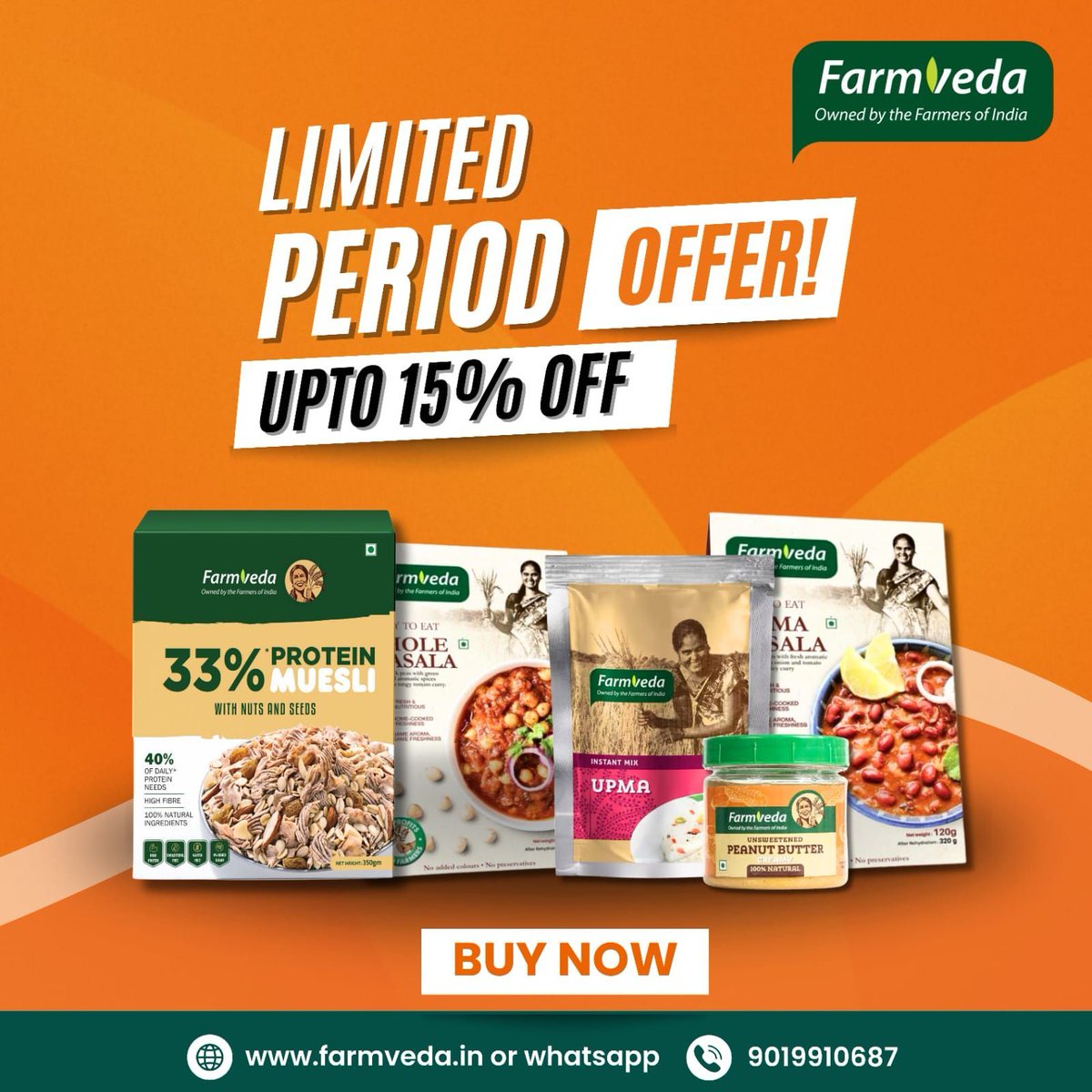 Don't miss out on FarmVeda's Limited Period Offer! 🎉 Get up to 15% off on your favorite products, from 33% Protein Muesli to delicious Instant Mixes and more. Stock up now and enjoy the goodness of farmer-owned products at unbeatable prices! 🛒✨ 

#FarmVeda #LimitedOffer