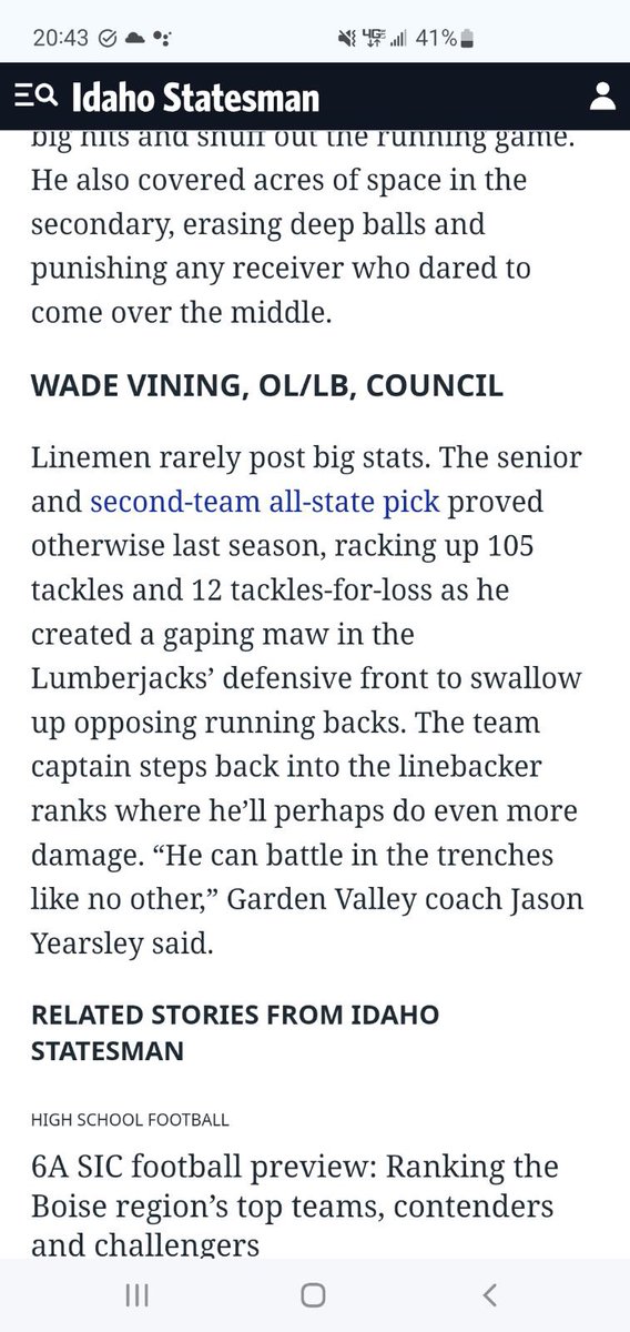 Wade Vining (@wadevining25) on Twitter photo Blessed to be Recognized in IdahoStatesman: “31 football players primed for monster seasons in Southwest” 🙏
<a href="/PrepRedzoneID/">Prep Redzone Idaho</a> <a href="/Coach_CBooth/">Cody Booth</a> <a href="/CoachNolanB/">Nolan Bartholomew</a> <a href="/CoachTPurcell/">Coach Troy Purcell</a> <a href="/MonTechFootball/">Montana Tech Football</a> <a href="/FootballCarroll/">Carroll College Football</a> <a href="/YotesFootball/">College of Idaho Football</a> <a href="/EouFootball/">EOU Football</a> <a href="/RandyBandelow/">Coach Randy Bandelow</a> <a href="/CoachKyleSamson/">Kyle Samson</a> <a href="/CoachJewell/">Chris Jewell</a> Blessed to be Recognized in IdahoStatesman: “31 football players primed for monster seasons in Southwest” 🙏
<a href="/PrepRedzoneID/">Prep Redzone Idaho</a> <a href="/Coach_CBooth/">Cody Booth</a> <a href="/CoachNolanB/">Nolan Bartholomew</a> <a href="/CoachTPurcell/">Coach Troy Purcell</a> <a href="/MonTechFootball/">Montana Tech Football</a> <a href="/FootballCarroll/">Carroll College Football</a> <a href="/YotesFootball/">College of Idaho Football</a> <a href="/EouFootball/">EOU Football</a> <a href="/RandyBandelow/">Coach Randy Bandelow</a> <a href="/CoachKyleSamson/">Kyle Samson</a> <a href="/CoachJewell/">Chris Jewell</a>