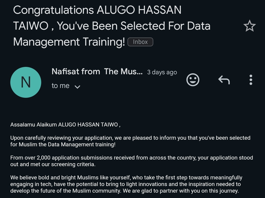 <a href="/theummah_tech/">The Ummah Tech Initiative</a> 
Wa 'alaykum salam warahmotuLLAHI wabarakaatuh 
AlhamduLILLAH! I'm so glad to be selected. It's a  privilege to be among the beneficiaries of this great opportunity. I look forward to the benefits and challenges this program has to offer.
JazakhALLAHU khoiran.