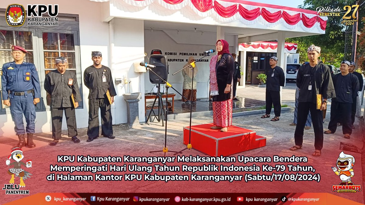 kpu_karanganyar's tweet image. Hai, #temanpemilih, KPU Kabupaten Karanganyar Melaksanakan Upacara Bendera Memperingati Hari Ulang Tahun Republik Indonesia Ke-79 Tahun, di Halaman Kantor KPU Kabupaten Karanganyar (Sabtu/17/08/2024)

#upacara 
#kpukaranganyar
#hut79republikindonesia