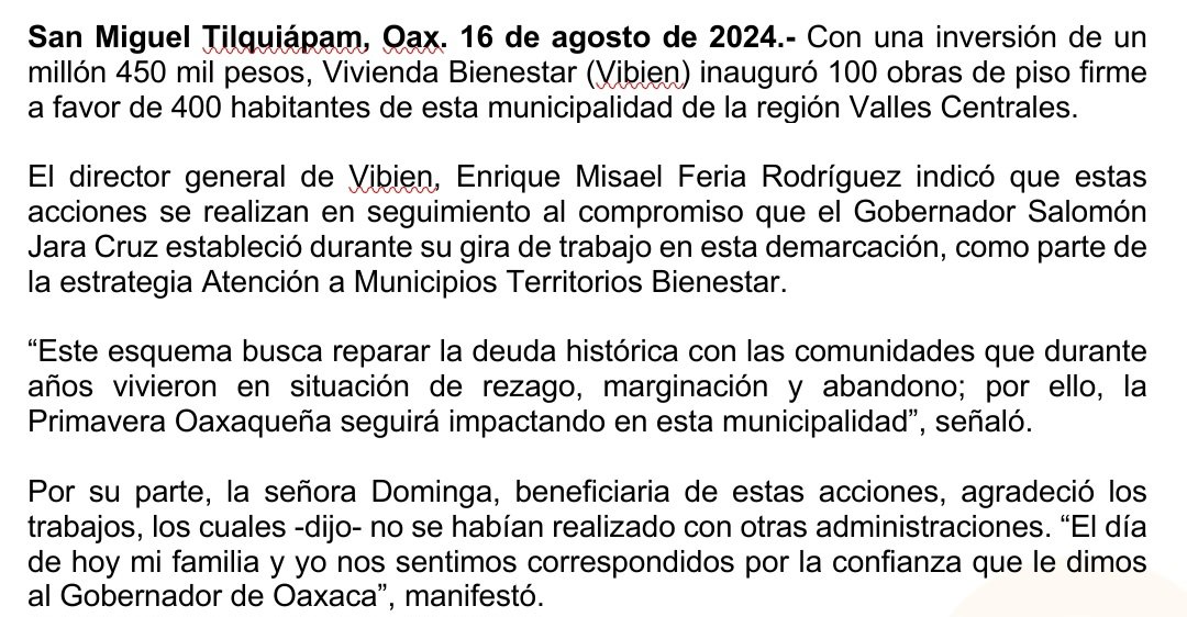 Mejoran calidad de vida de 100 familias de San Miguel Tilquiápam. Estas acciones empleadas por Vivienda Bienestar (<a href="/ViBien_GobOax/">Vivienda Bienestar Oaxaca</a>), forman parte del esquema Atención a Municipios Territorios Bienestar.