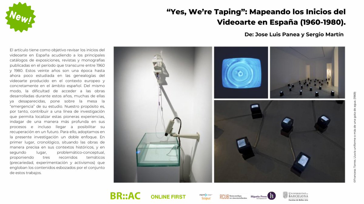 📹👁️“Yes, We’re Taping”: Mapeando los Inicios del Videoarte en España (1960-1980)
Un artículo de Jose Luis Panea y Sergio Martín
Accesible. en "Online First" (2024) consultable en:👇hipatiapress.com/hpjournals/ind…
@hipatiapress <a href="/craibellesarts/">CRAI Belles Arts</a> #JoséLuisPanea @joseluispanea <a href="/sergiomartin/">Sergio Martín</a>