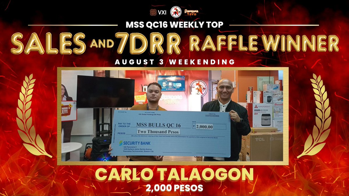 ppaulv_'s tweet photo. The first week of August is very challenging but these folks are very lucky to win our MSS QC16 August 3 Weekending Sales and 7DRR Raffle Winners!
Congratulations! @gleekyG @Dee_Bennett1
#DeeBest
#MSSQC16
#MSSFearlessBulls
#MBCGoodStuff
#VXIPH
#LifeatATT https://t.co/qvZQhlexGG