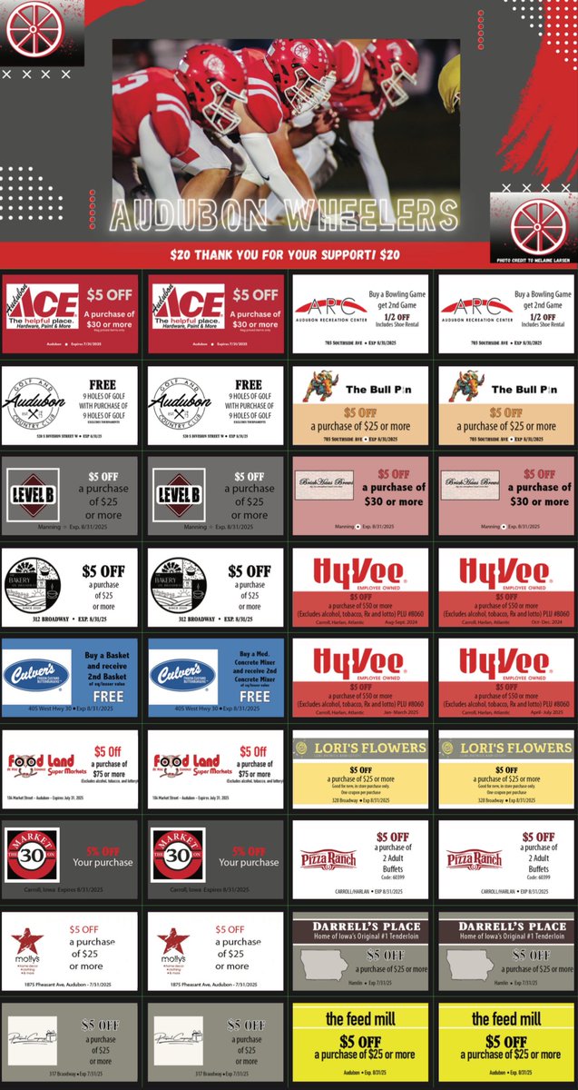 WheelersFB's tweet photo. Wheeler Football is selling coupon cards again this fall. The profits are going towards new uniforms for next season! Hit up your favorite Wheeler football player to get your cards! Major thank you to all of our businesses participating on this year’s card. https://t.co/f9khwd3lRb