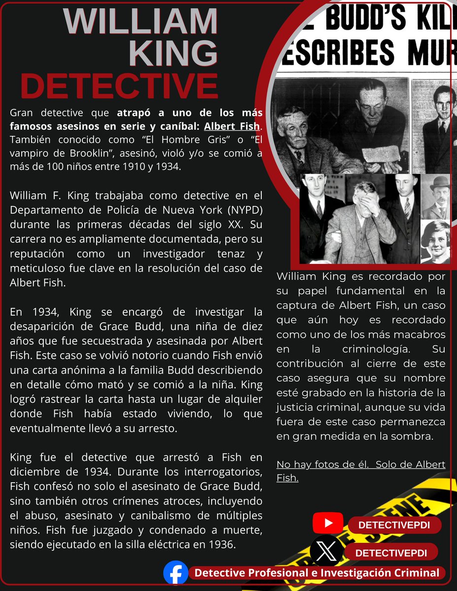 DetectivePDI's tweet photo. No es  documentado visualmente como la de otros detectives, su investigación ayudó a detener a uno de los criminales más sádicos y perturbadores de la historia estadounidense. Es un ejemplo de la importancia de la perseverancia y la habilidad en la aplicación de la ley. https://t.co/ps3LtZMPza