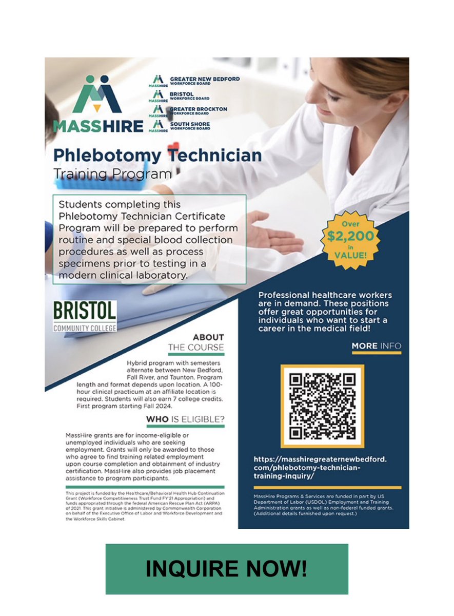 HillerKelli's tweet image. If you or anyone you know in the Southcoast or Southshore area are unemployed or underemployed we at @BristolCC worked hard to secure a grant partnership with MassHire to provide phlebotomy training at no cost if qualified! Cohorts are still enrolling for Fall 24’ and Summer 25’!