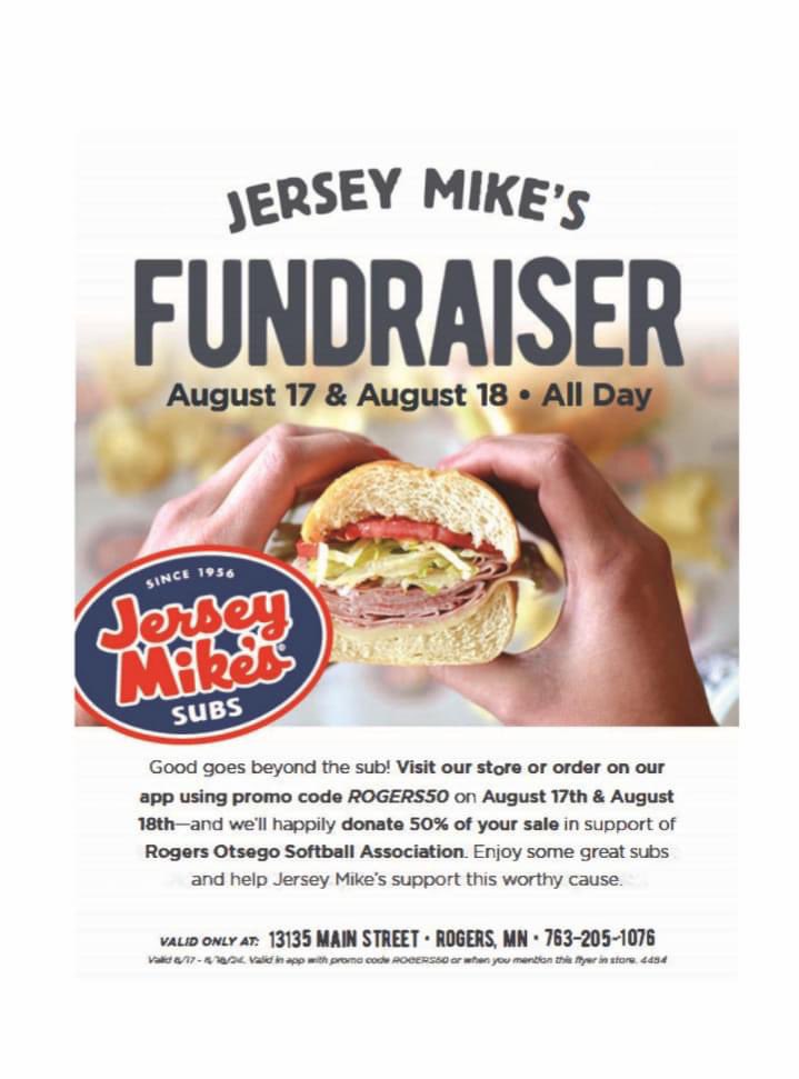 Forget about lunch or dinner this weekend and go to Jersey Mike's instead! Show them this flyer or tell them your with ROSA and they'll give 50% of the sale back to ROSA! Also applies to app and online orders when you use the code 𝗥𝗢𝗚𝗘𝗥𝗦𝟱𝟬.
