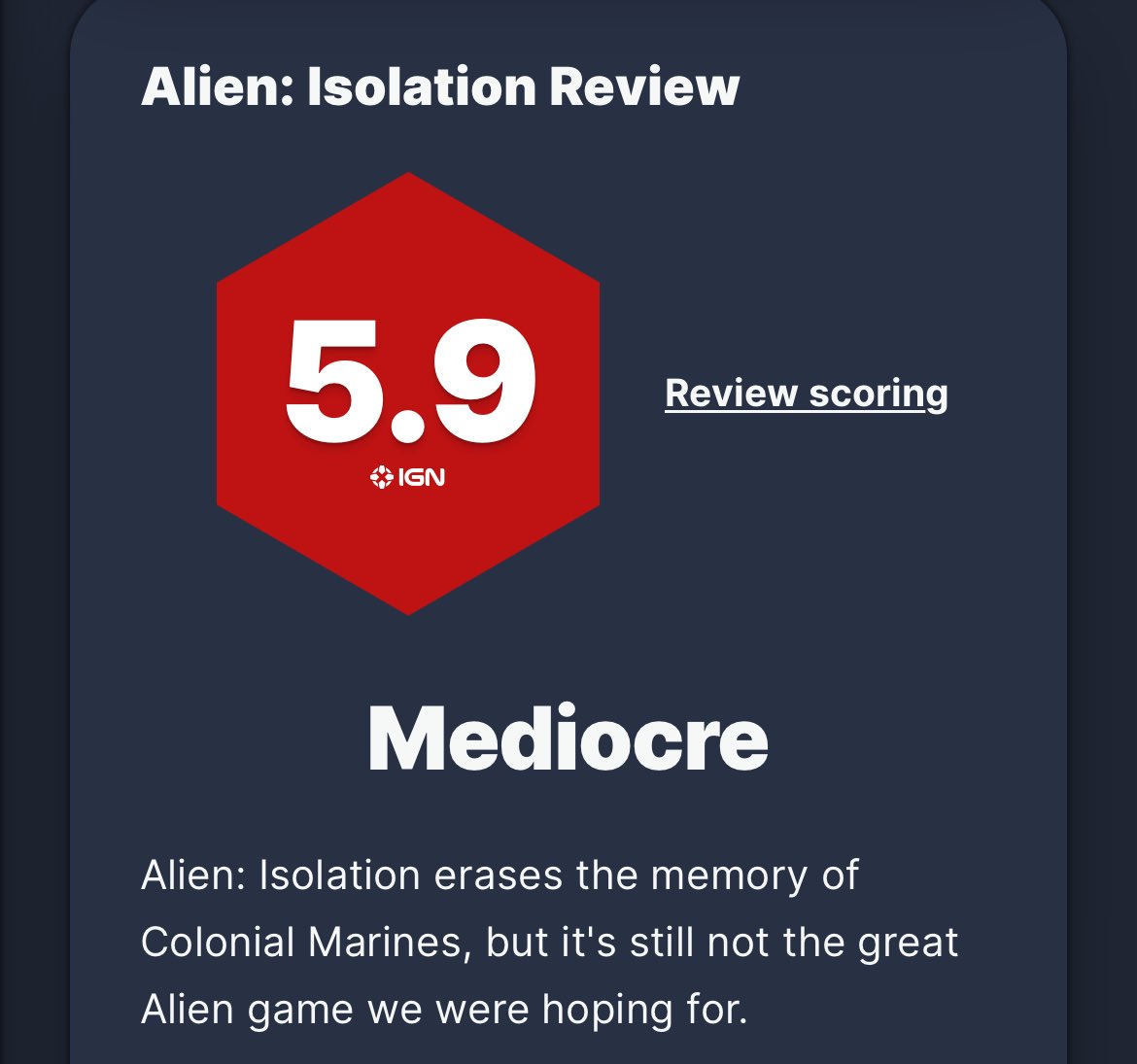 People are talking about Video Game Review Scores…

Let’s not forget possibly the Worst Review of all time.

Alien Isolation 2014