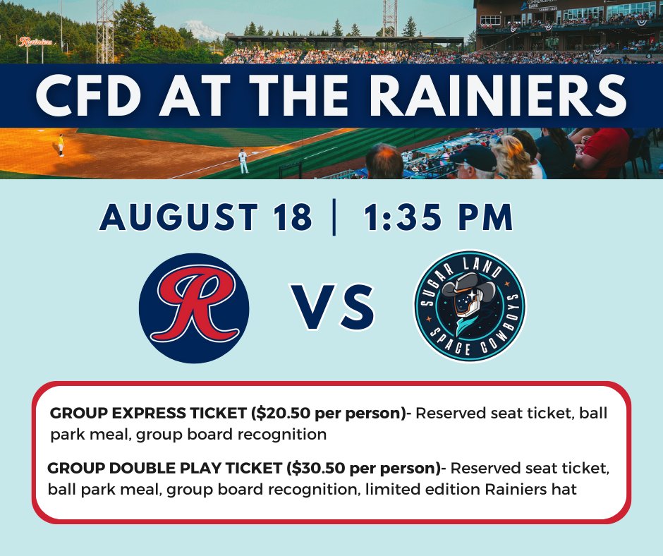 Looking for a weekend activity? Come down to Cheney stadium and cheer on the Rainiers as they take on the Sugarland Space Cowboys! A portion of these special promo tickets will support the CFD⚾❤️

Contact Chris Aubertin to get yours:
(253) 761-5631
CAUBERTIN@WERTACOMA.COM
4w