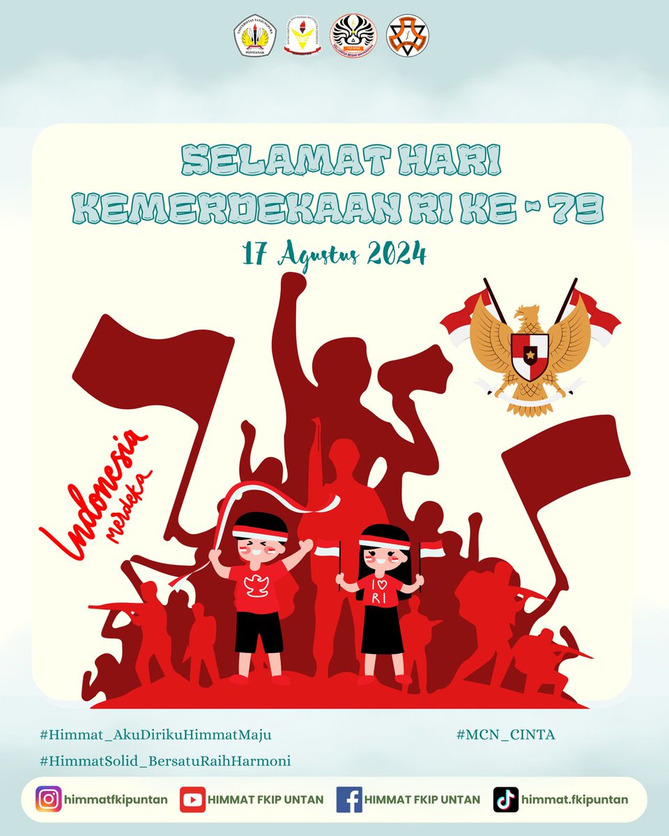 HimmatFKIPUntan's tweet photo. [Selamat Hari Kemerdekaan Republik Indonesia Ke - 79 ]

“Kemerdekaan bukan tanda untuk berhenti berjuang, tapi tanda untuk berjuang dengan lebih keras, Selamat hari kemerdekaan yang ke-79 tahun RI untuk rakyat Indonesia.” https://t.co/a6eVySWe6g
