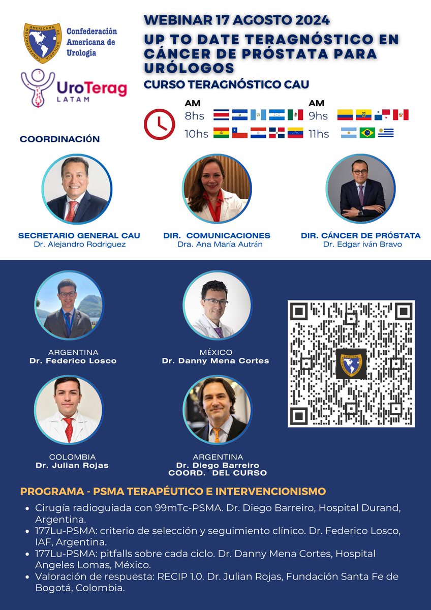 ¡MAÑANA CURSO TERAGNÓSTICO CAU!
UP TO DATE TERAGNÓSTICO EN CÁNCER DE PRÓSTATA PARA URÓLOGOS
2da JORNADA: PSMA TERAPÉUTICO E INTERVENCIONISMO

Fecha: Sábado 17 Agosto 2024
Regístrate en: us06web.zoom.us/webinar/regist…